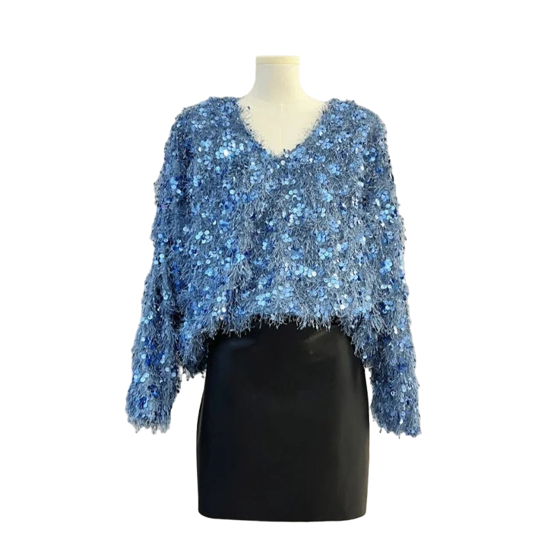 Pull Paillette Laine Femme Bleu