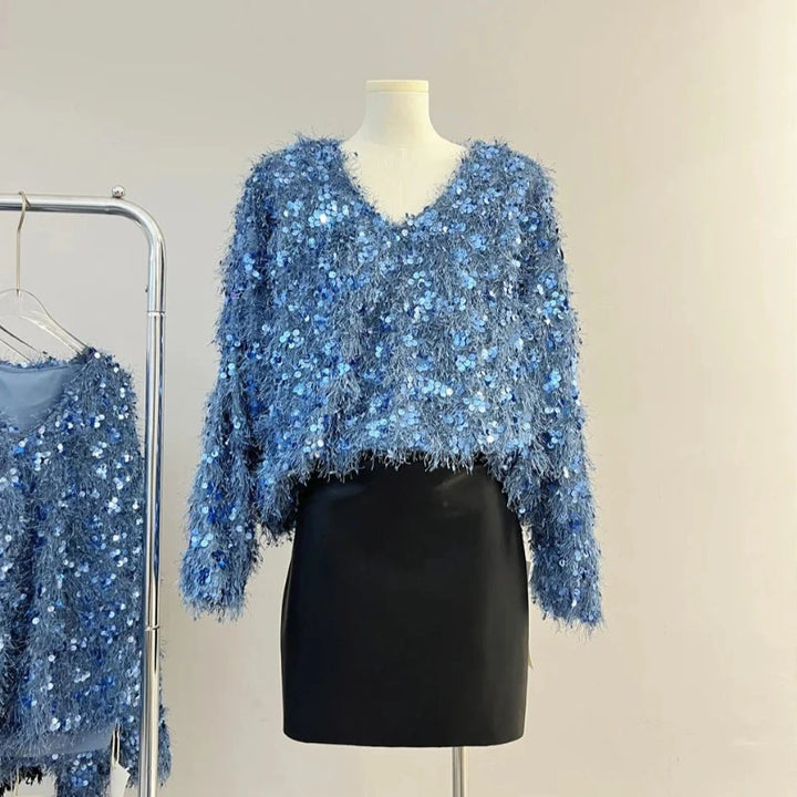 Pull Paillette Laine Femme Bleu