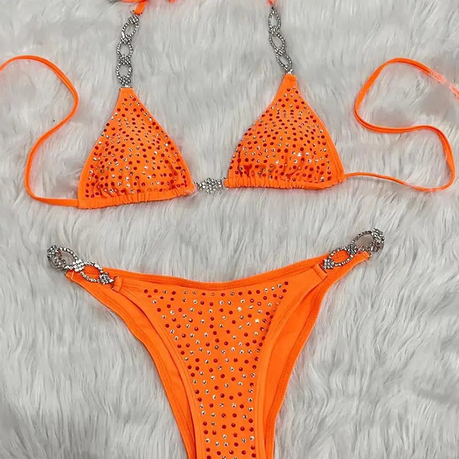 Maillot de Bain Orange Deux Pièces Strass