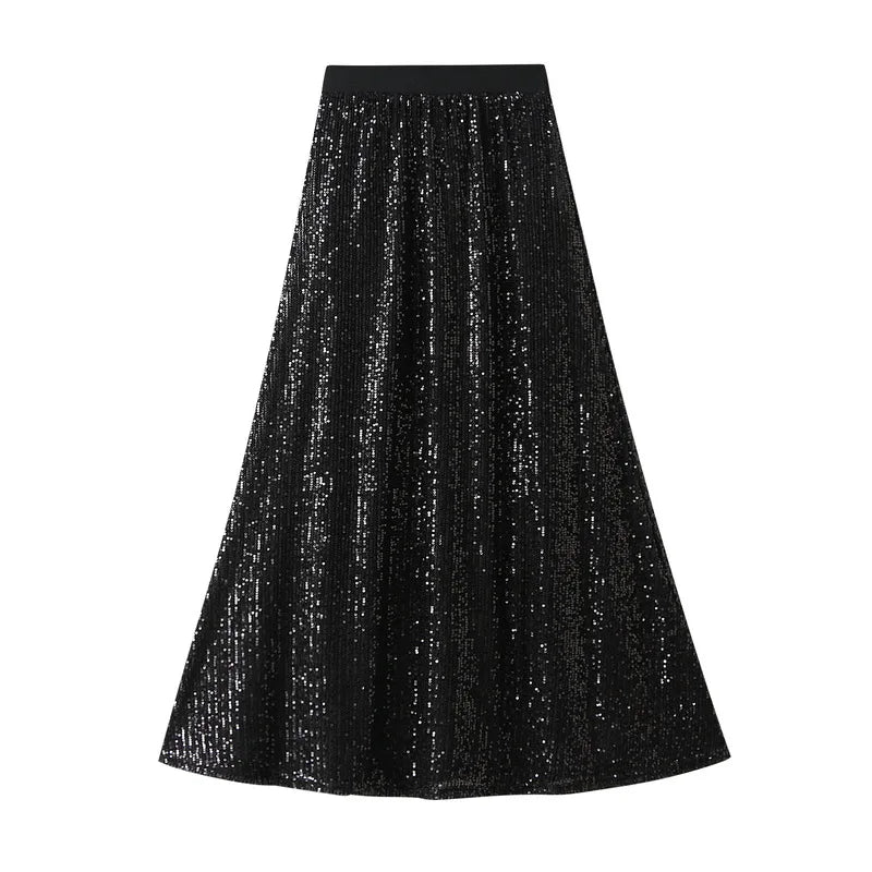 Jupe Longue Paillette Taille Haute noire