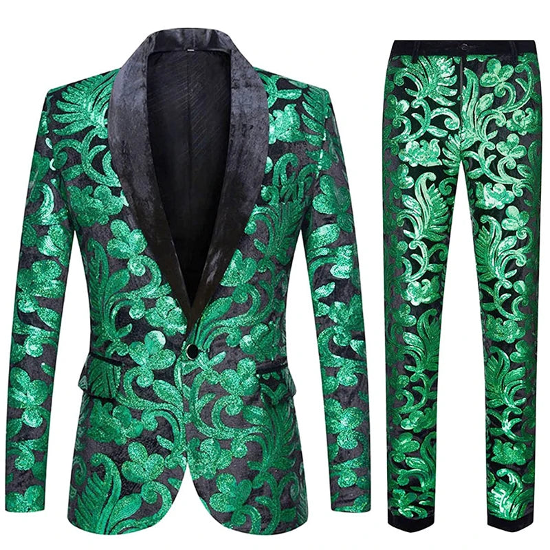 Veste Costume et Pantalon Paillette Velours Homme vert