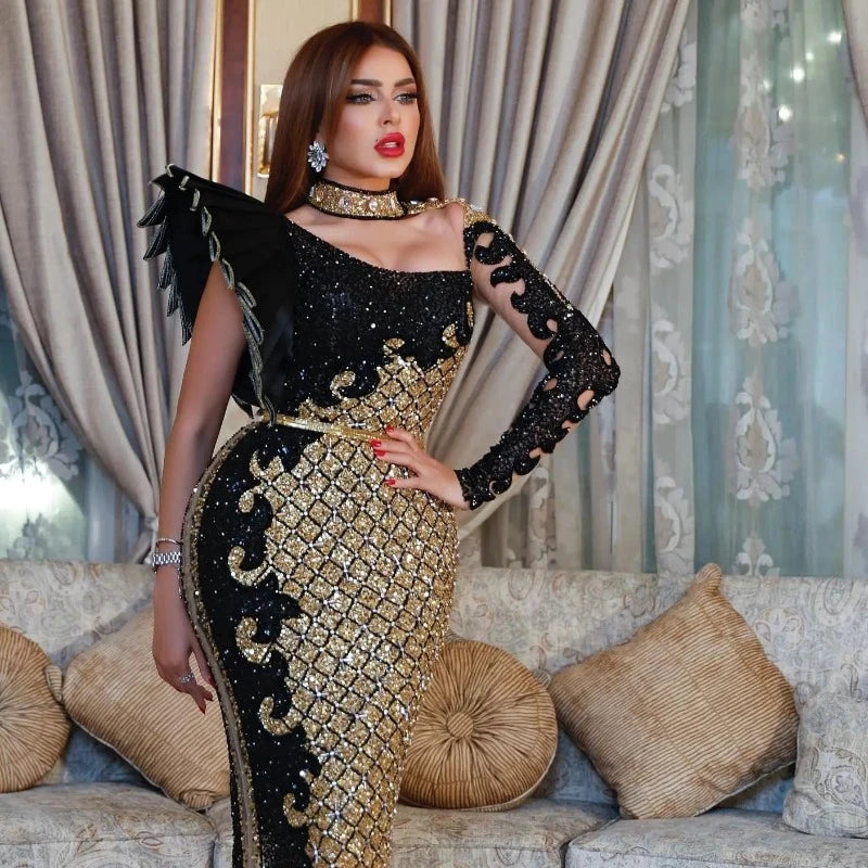 Robe Soirée Elégante Paillette Noir Doré - Main Image
