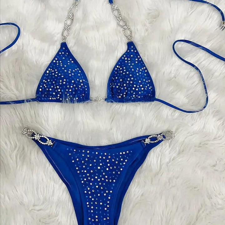 Maillot de Bain Bleu Deux Pièces Strass