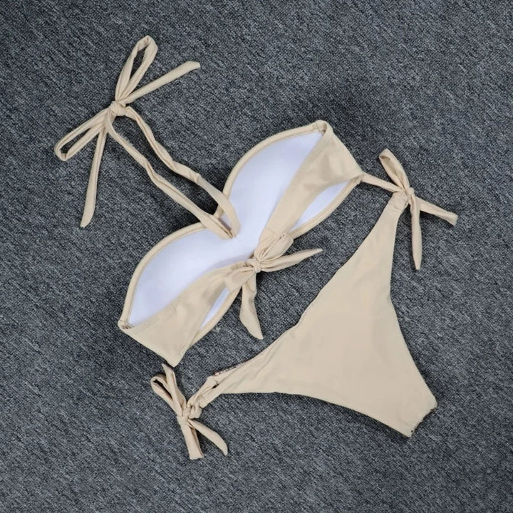 Maillot de Bain Beige Pailleté Attache Cou