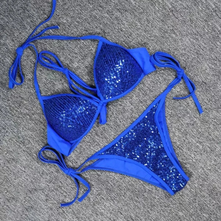 Maillot de Bain Bleu Pailleté Attache Cou