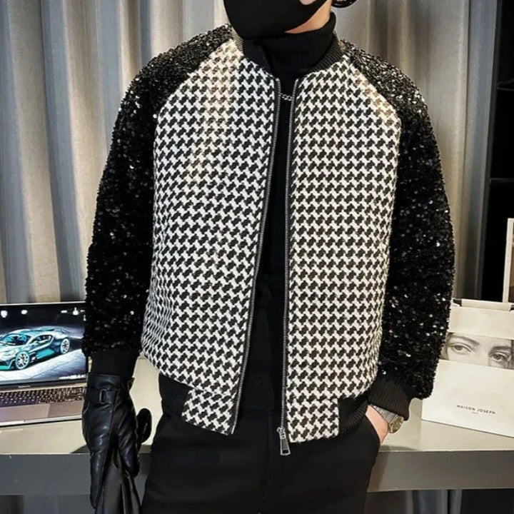 Veste Bomber Paillette Homme Noir et Blanc