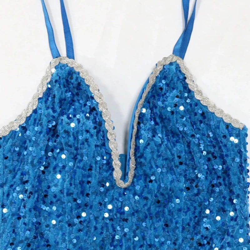 Robe Bleu Fendue Strass et Paillettes Bretelles