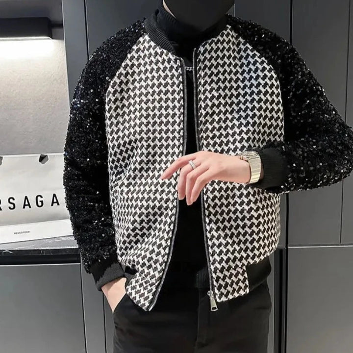 Veste Bomber Paillette Homme Noir et Blanc