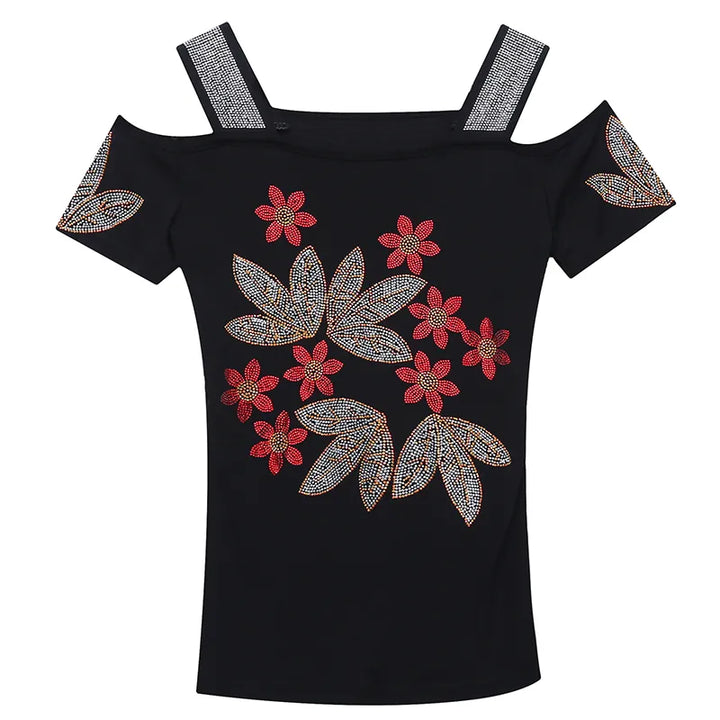 T-Shirt Strass Fleurs Bretelles