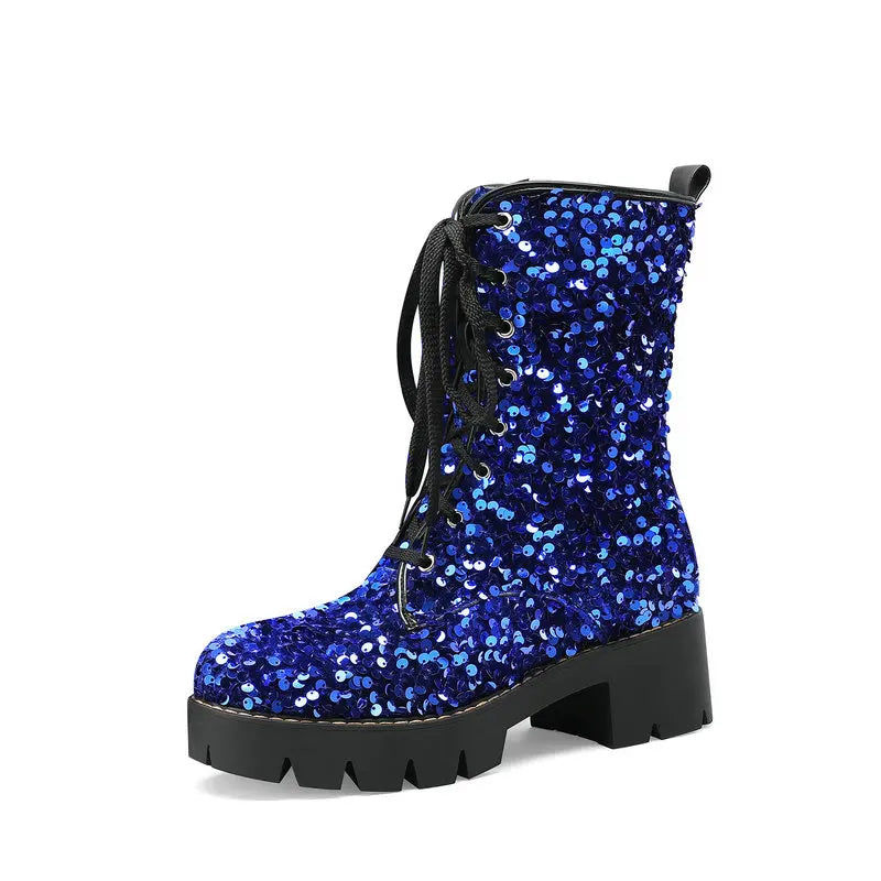 Bottines Paillettes Montantes Femme bleu