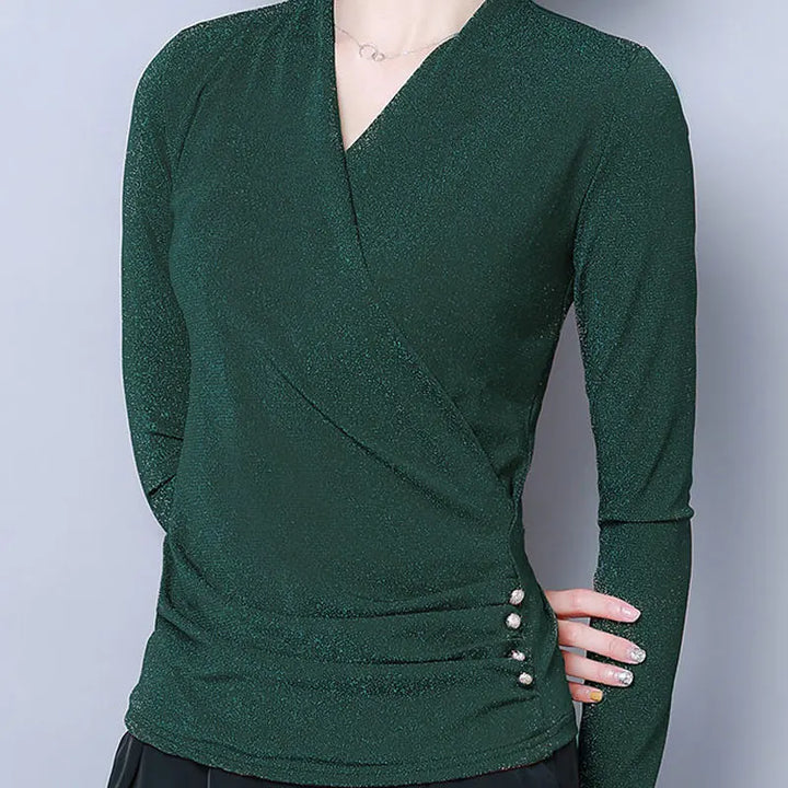 T Shirt Paillette Cache Coeur Manches Longues Femme vert