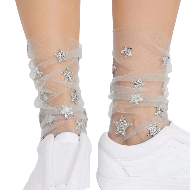 Chaussettes Transparentes Etoiles Pailletées Argenté