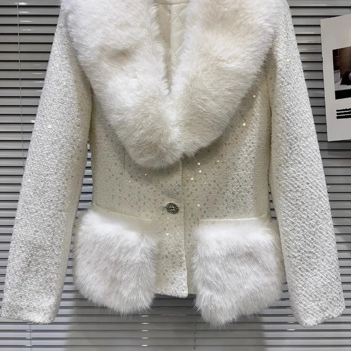 Veste Courte Paillette Fausse Fourrure blanc