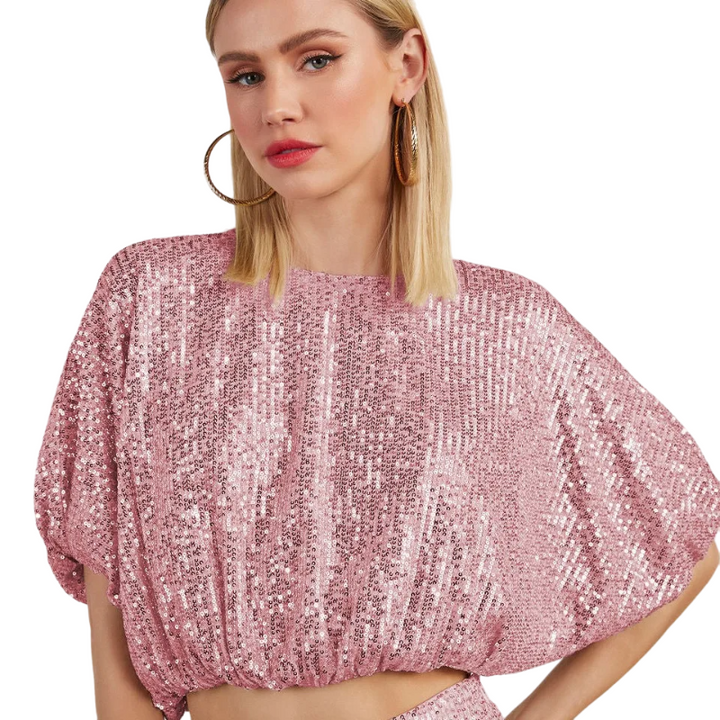 Top Paillette Femme Manches Repliées Rose