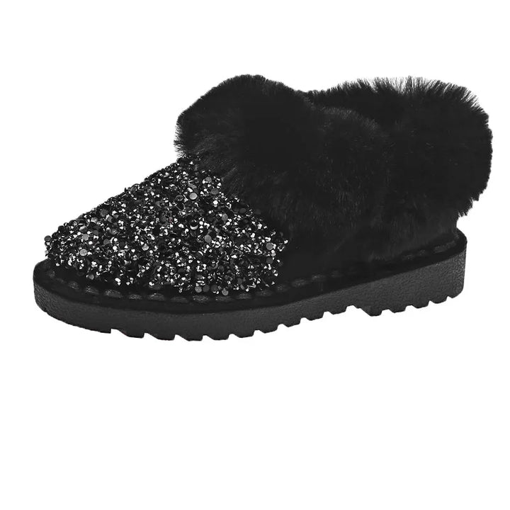 Pantoufle Pailleté Strass Fourrure Femme noire