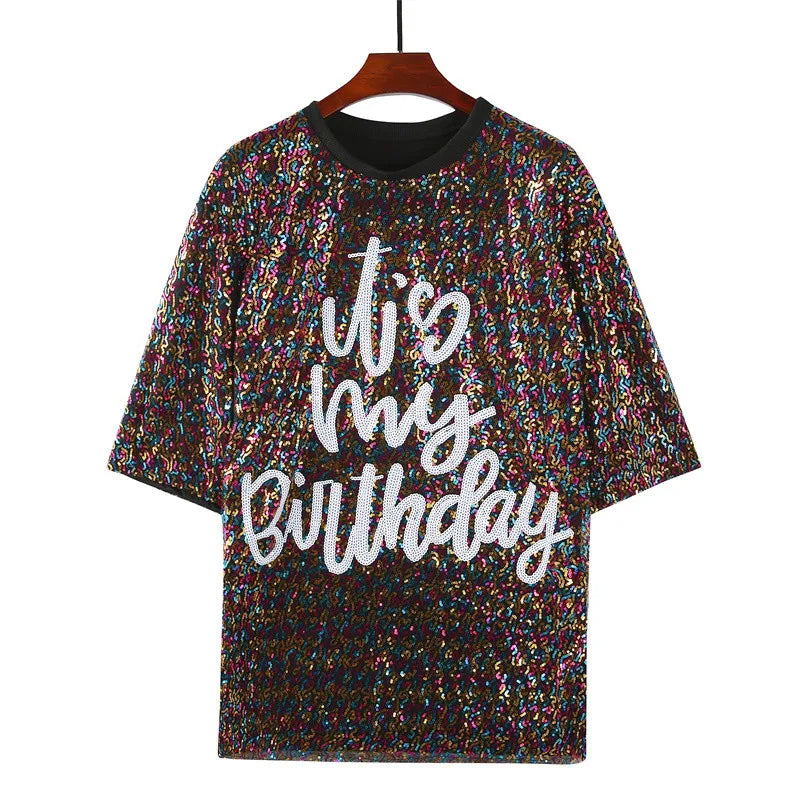 Long T-Shirt Paillette Femme Multi couleurs anniversaire