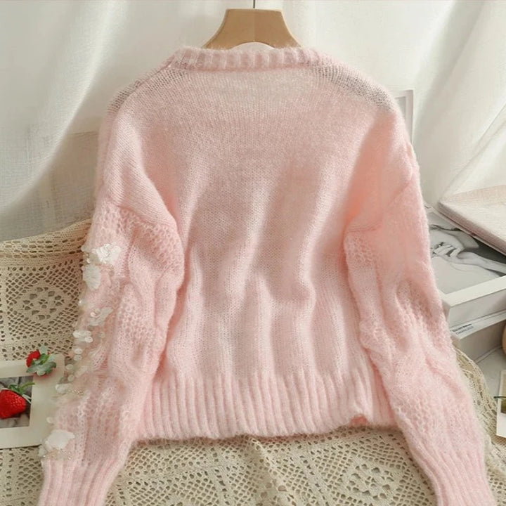 Pull Laine Paillette Col Rond rose