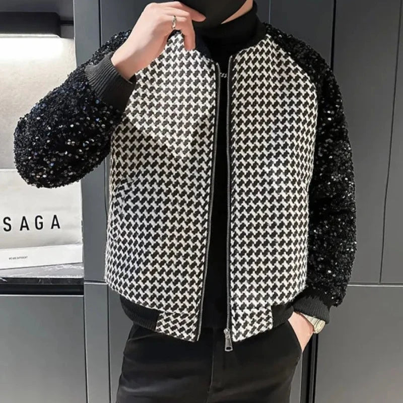 Veste Bomber Paillette Homme Noir et Blanc