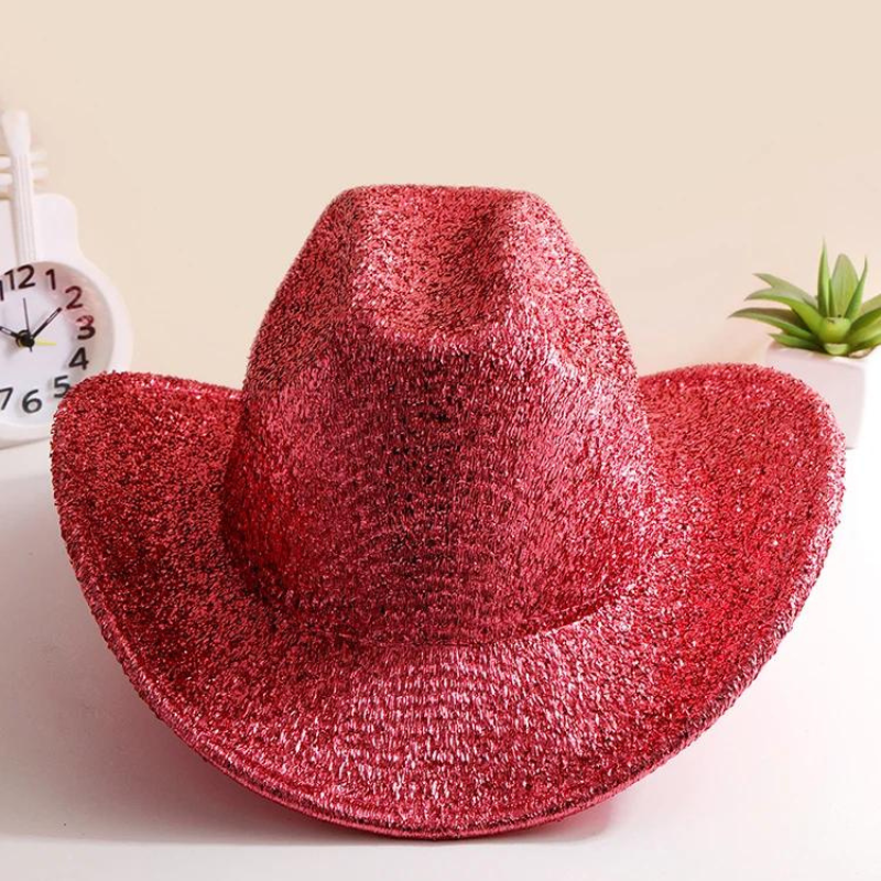 Chapeau Cowboy Paillette Rose rouge brillant