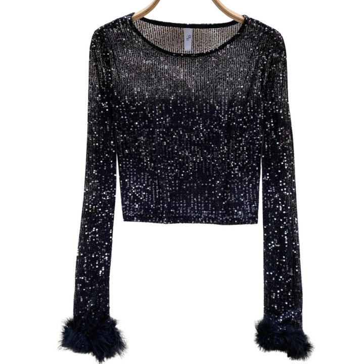 Top Paillette Manches Longues Plumes noir