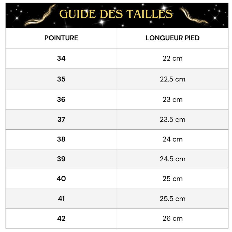 Tableau Tailles Sabot Strass Doré