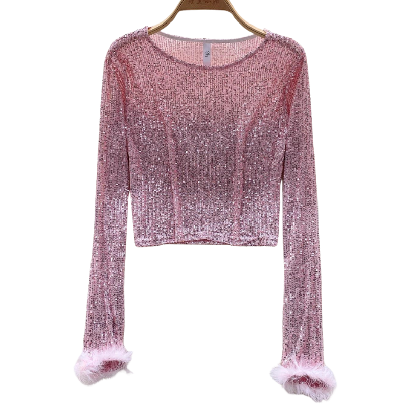 Top Paillette Manches Longues Plumes rose