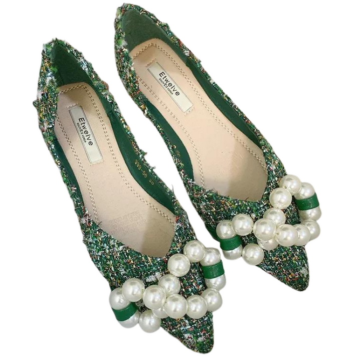 Mocassin vert Pailleté Perles Blanches