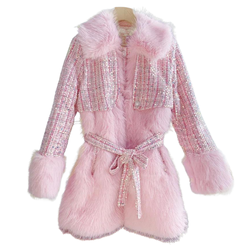 Manteau Rose  Paillette Fausse Fourrure