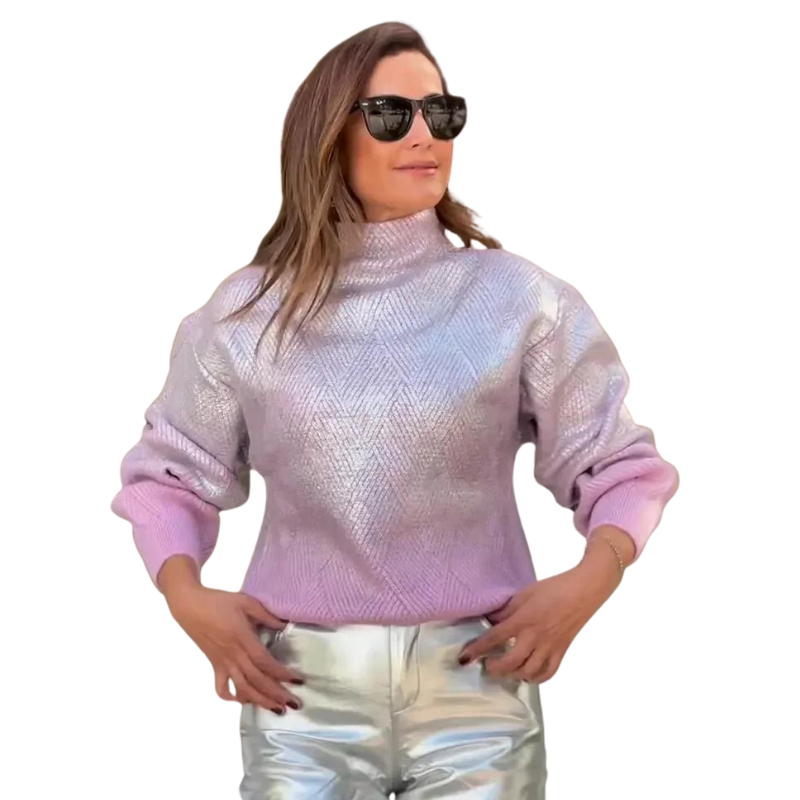 Pull Col Roulé Brillant Femme Mauve