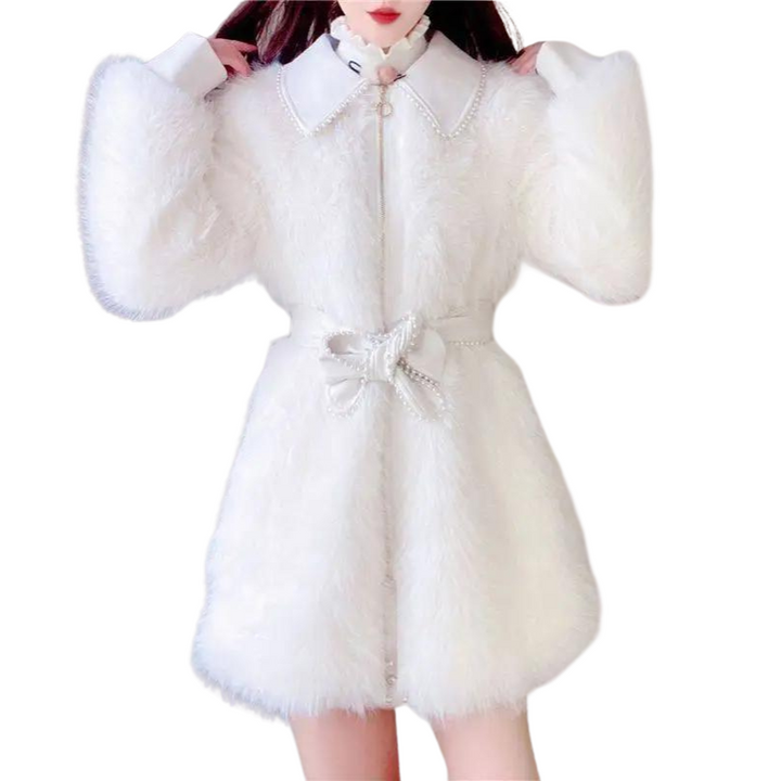 Manteau Blanc Paillette Fausse Fourrure