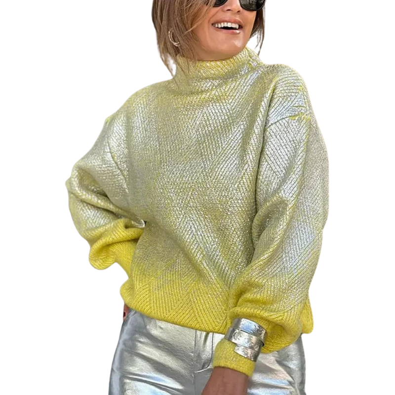 Pull Col Roulé Brillant Femme Jaune