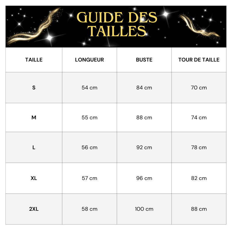 Guide des tailles Débardeur Paillette Femme Col V Bretelles