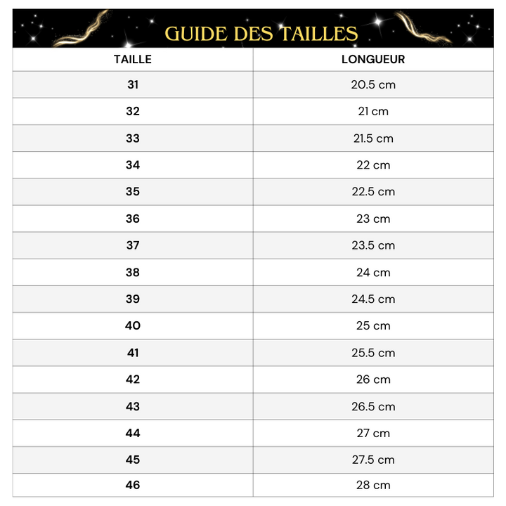 Tableau des tailles Mocassin Pailleté Perles Blanches