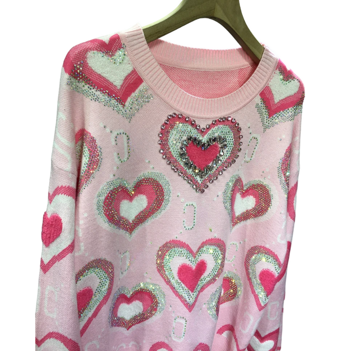 Pull Rose Coeur Strass Femme