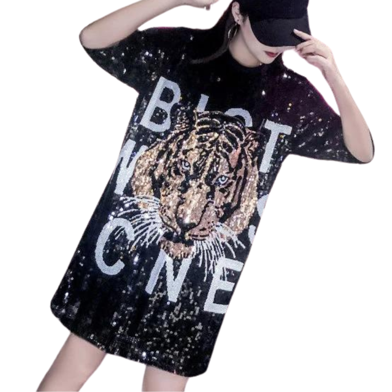 T-Shirt Tête Tigre Paillette Femme noir