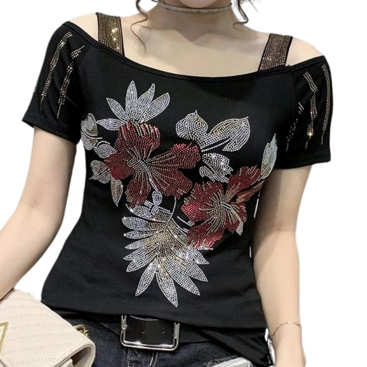 T-Shirt Strass Fleurs Bretelles