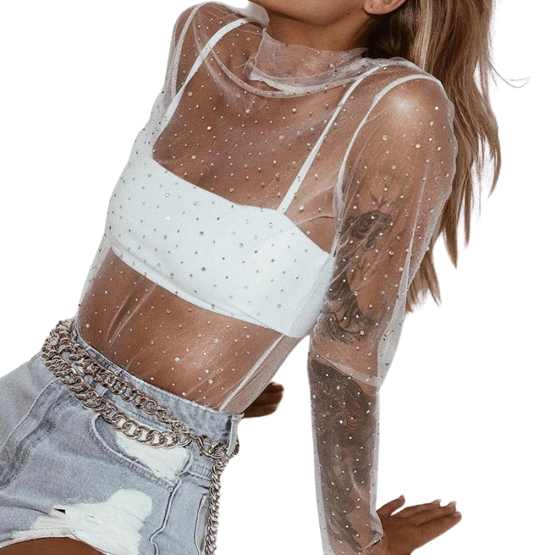 Haut Transparent élégant ECI Grey Matters - Noir Et Crème Avec Strass - Taille 6 - Neuf Avec étiquette