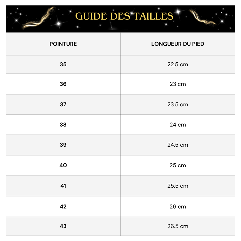 Guide des tailles Sandale Paillette Talon Carré