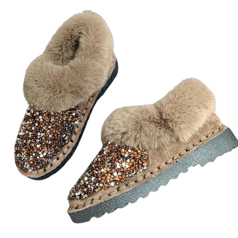 Pantoufle Pailleté Strass Fourrure Femme kaki