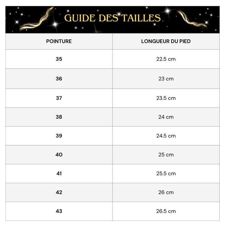 Tableau des tailles Claquette Paillette Argenté