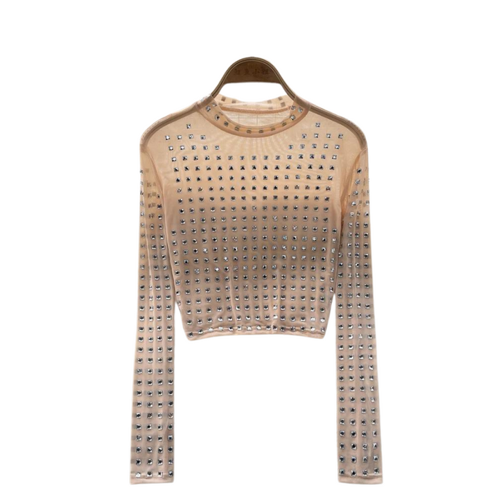 Top Strass Manches Longues Transparentes Beige
