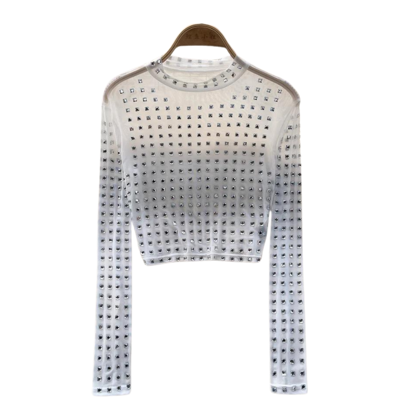 Top Strass Manches Longues Transparentes Blanc