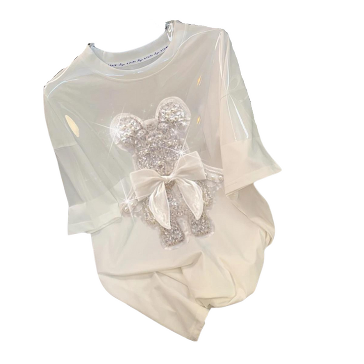 T Shirt Ourson Noeud Papillon Strass Blanc