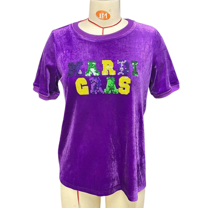 T Shirt Paillette Violet Velours Mardi Gras