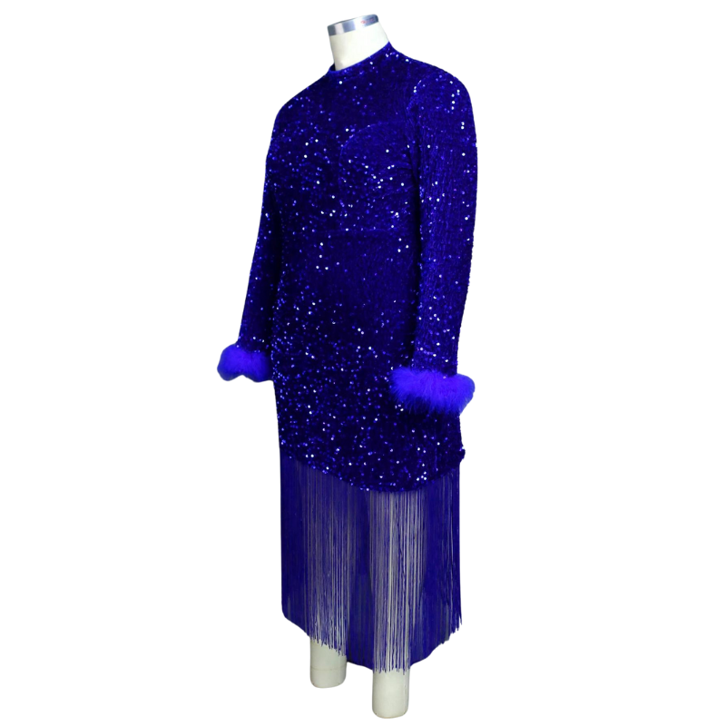 Robe Soirée Paillette Bleu Pompon et Franges