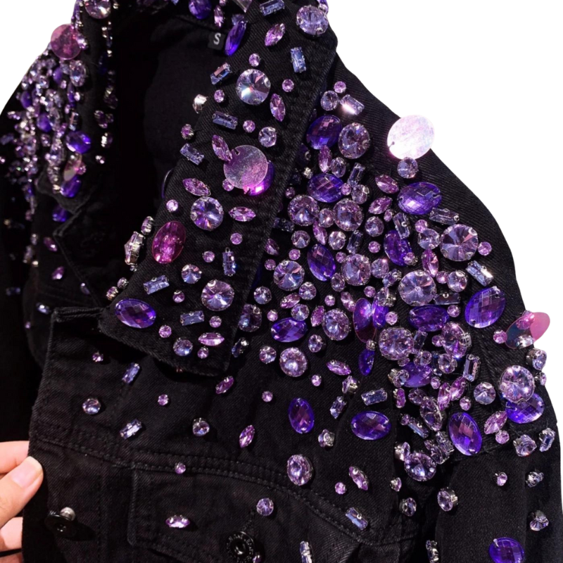 Veste Jean Noir Strass Violet Femme