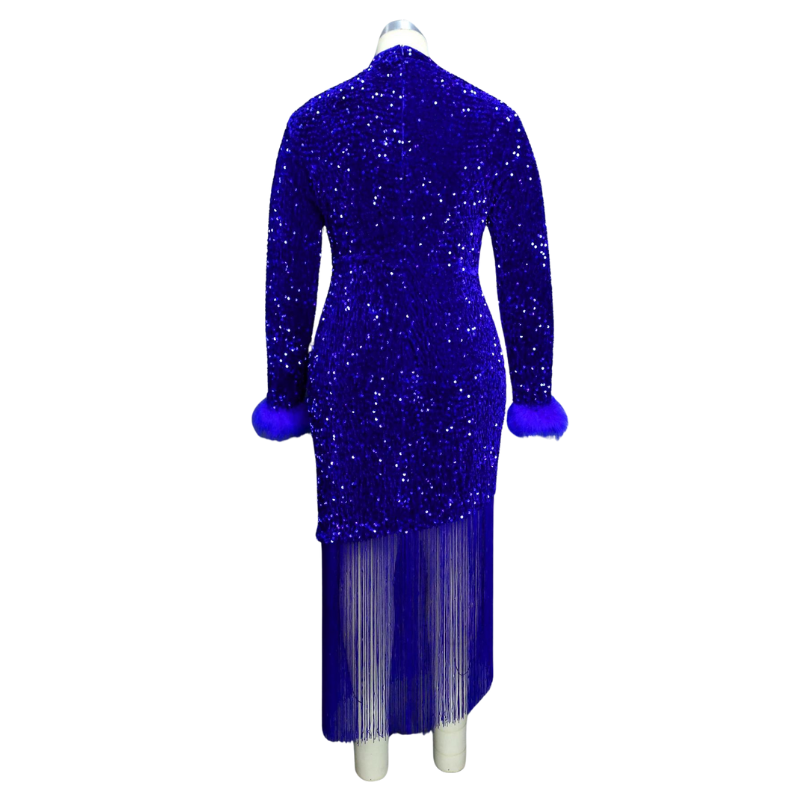 Robe Soirée Paillette Bleu Pompon et Franges