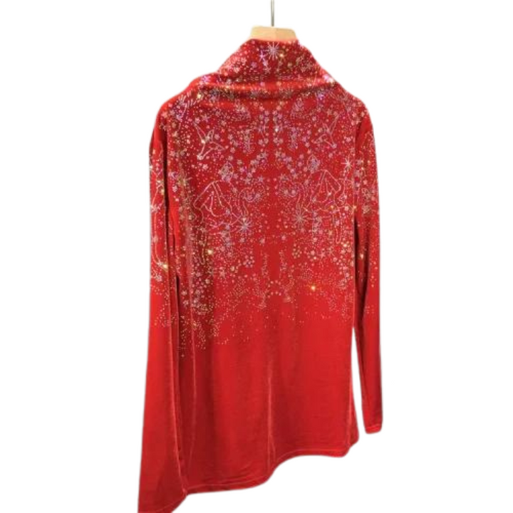 T-Shirt Col Roulé Strass Velours Femme Rouge